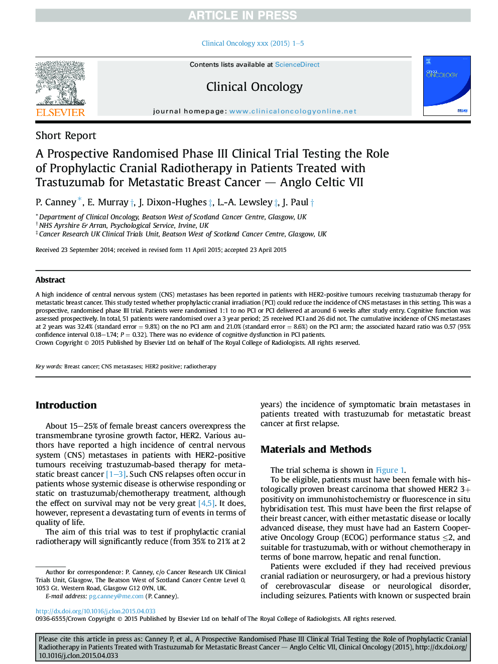 A Prospective Randomised Phase III Clinical Trial Testing the Role ofÂ Prophylactic Cranial Radiotherapy in Patients Treated with Trastuzumab for Metastatic Breast Cancer - Anglo Celtic VII