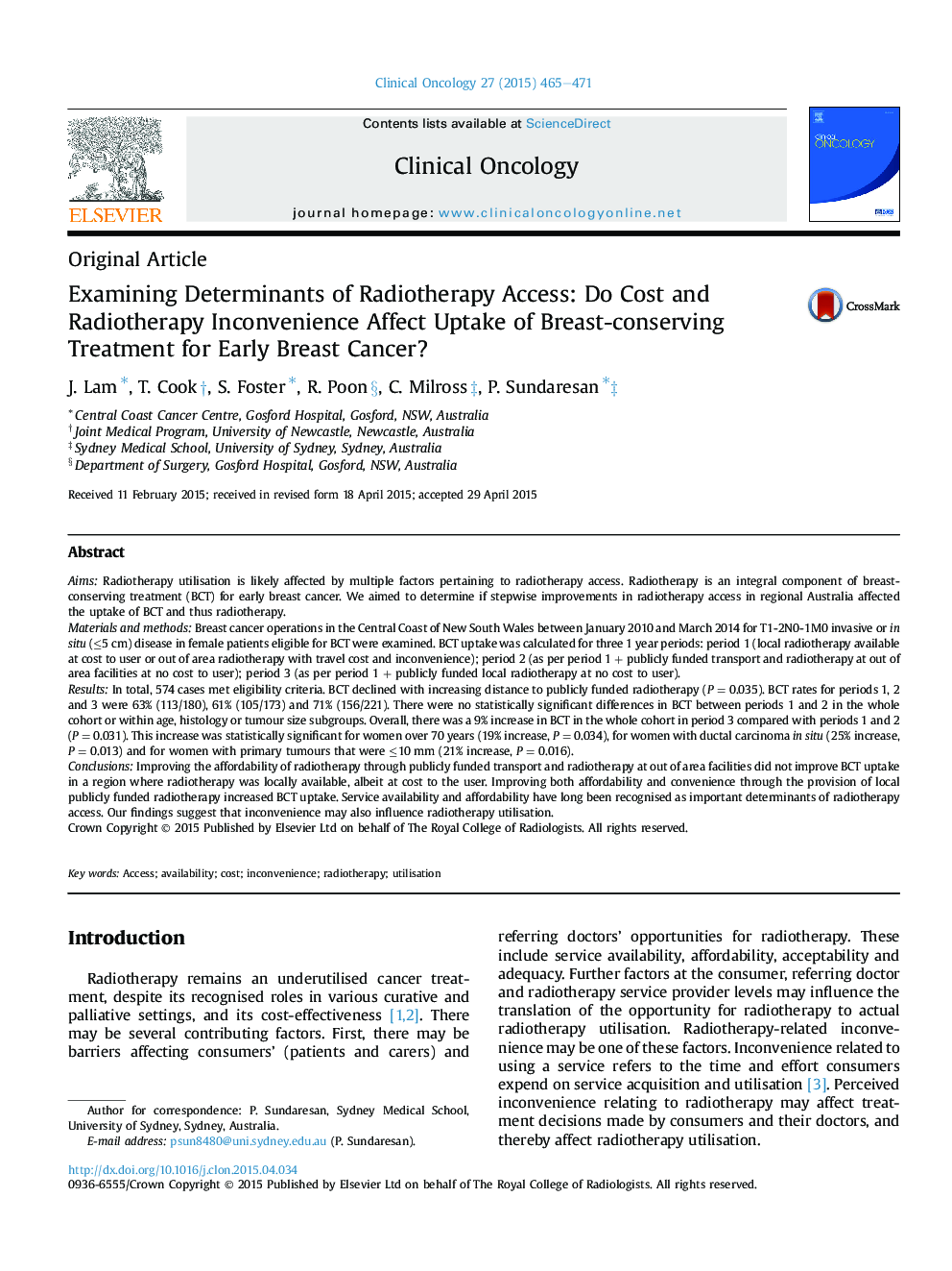 Examining Determinants of Radiotherapy Access: Do Cost and Radiotherapy Inconvenience Affect Uptake of Breast-conserving Treatment for Early Breast Cancer?