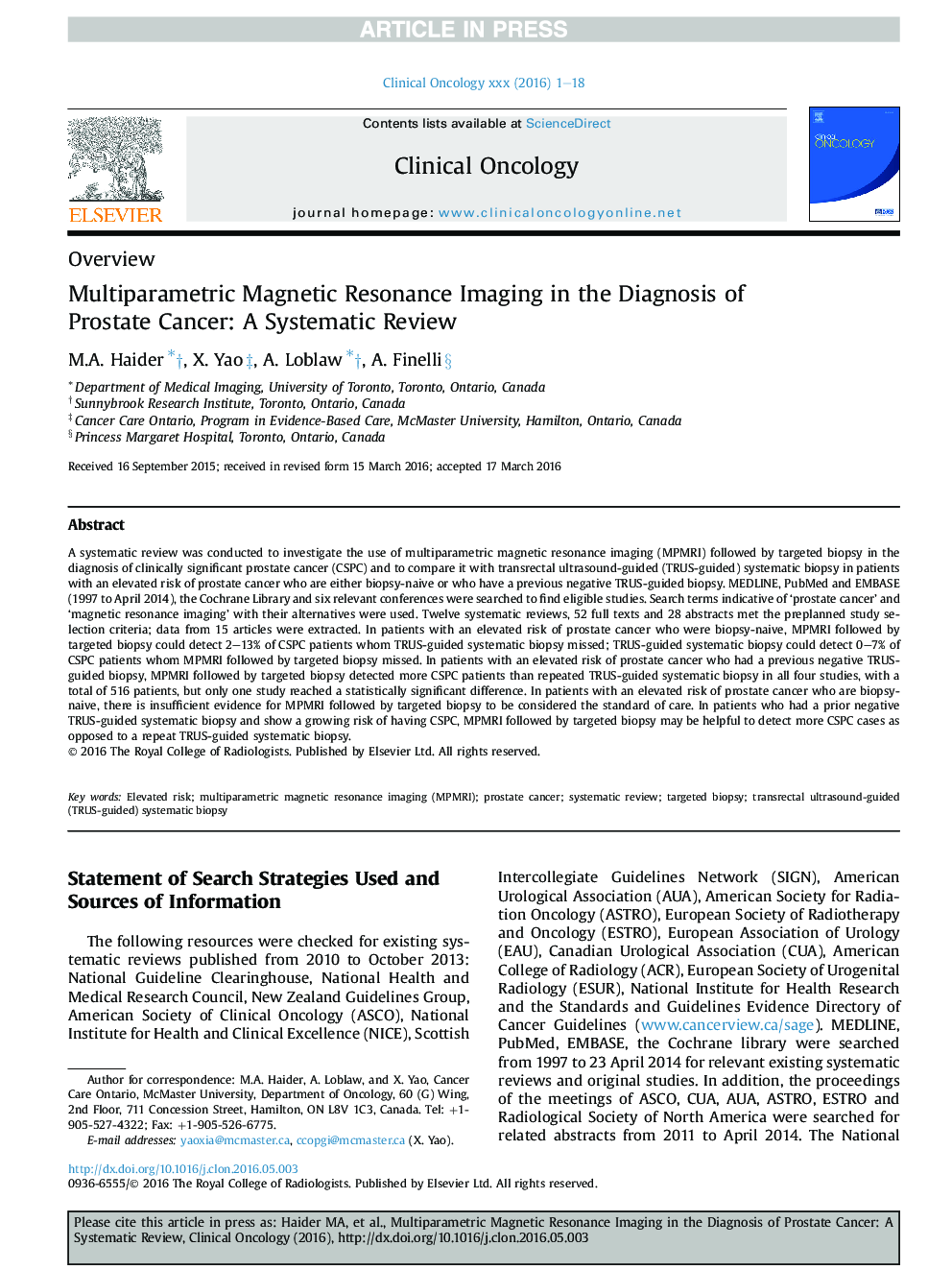 Multiparametric Magnetic Resonance Imaging in the Diagnosis of Prostate Cancer: A Systematic Review