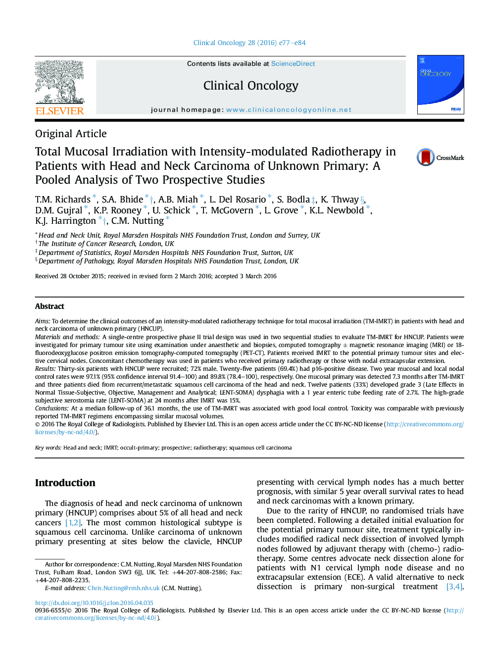 Total Mucosal Irradiation with Intensity-modulated Radiotherapy in Patients with Head and Neck Carcinoma of Unknown Primary: A Pooled Analysis of Two Prospective Studies