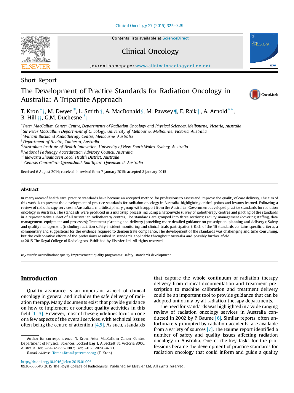 The Development of Practice Standards for Radiation Oncology in Australia: A Tripartite Approach