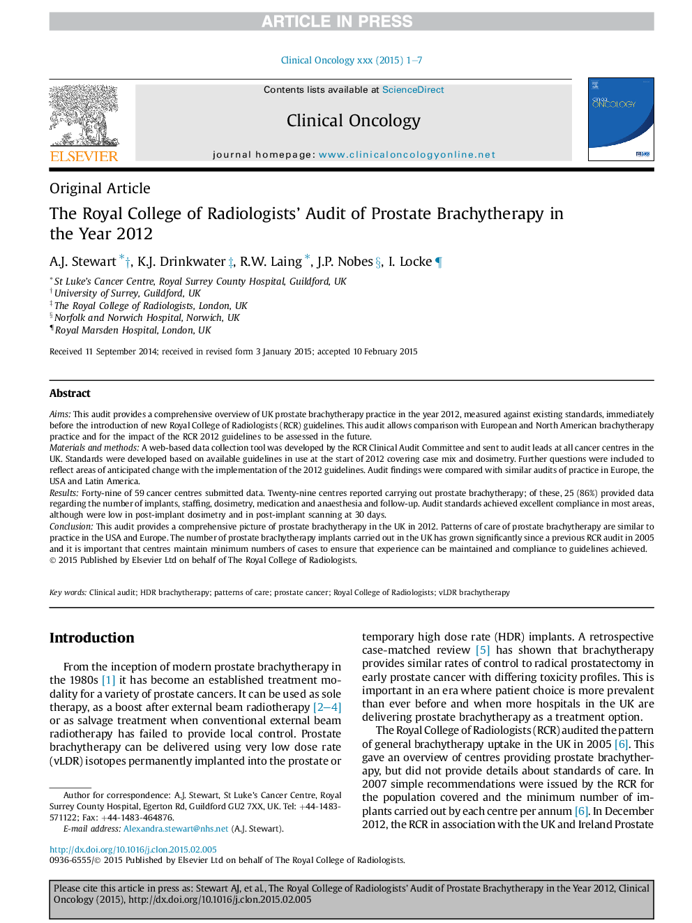 The Royal College of Radiologists' Audit of Prostate Brachytherapy in the Year 2012