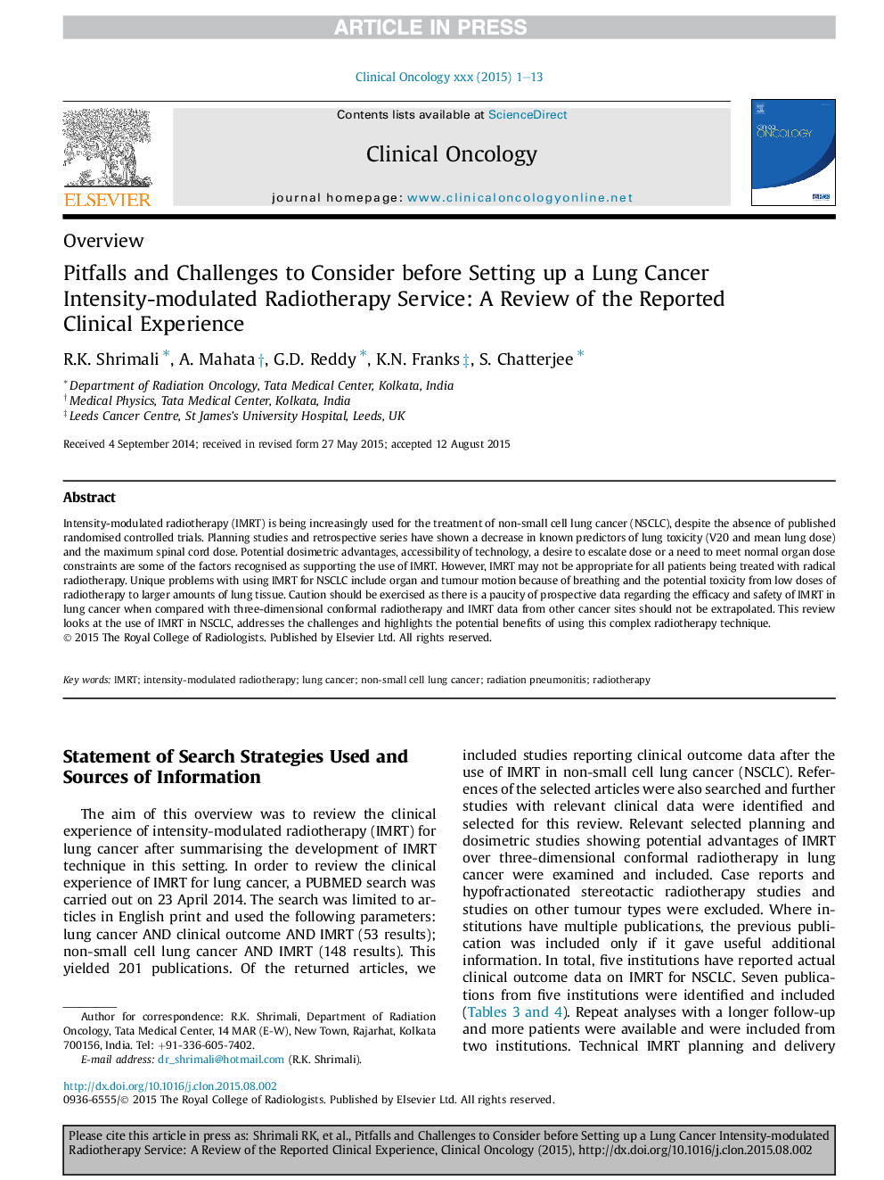 Pitfalls and Challenges to Consider before Setting up a Lung Cancer Intensity-modulated Radiotherapy Service: A Review of the Reported Clinical Experience