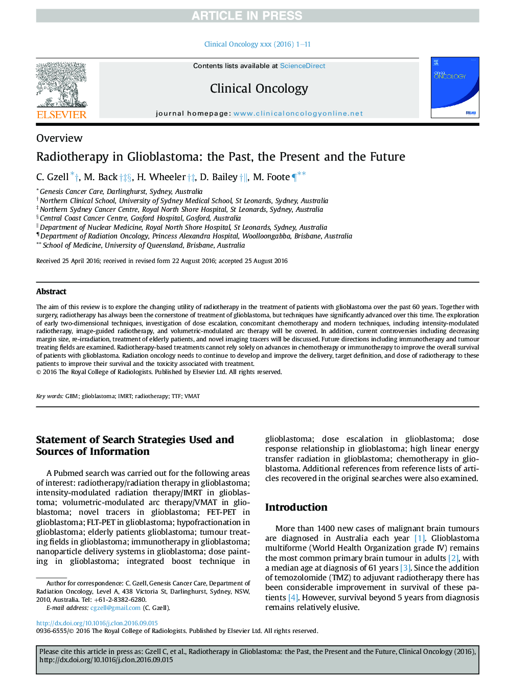 Radiotherapy in Glioblastoma: the Past, the Present and the Future