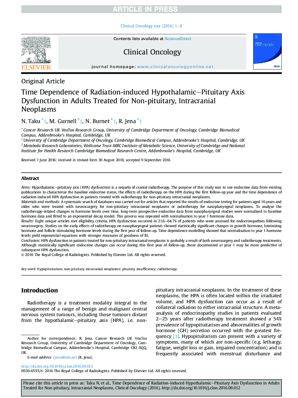 Time Dependence of Radiation-induced Hypothalamic-Pituitary Axis Dysfunction in Adults Treated for Non-pituitary, Intracranial Neoplasms