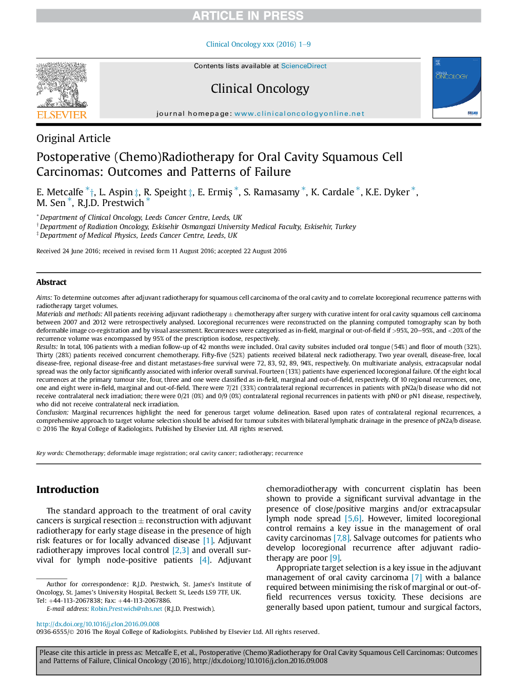 Postoperative (Chemo)Radiotherapy for Oral Cavity Squamous Cell Carcinomas: Outcomes and Patterns of Failure