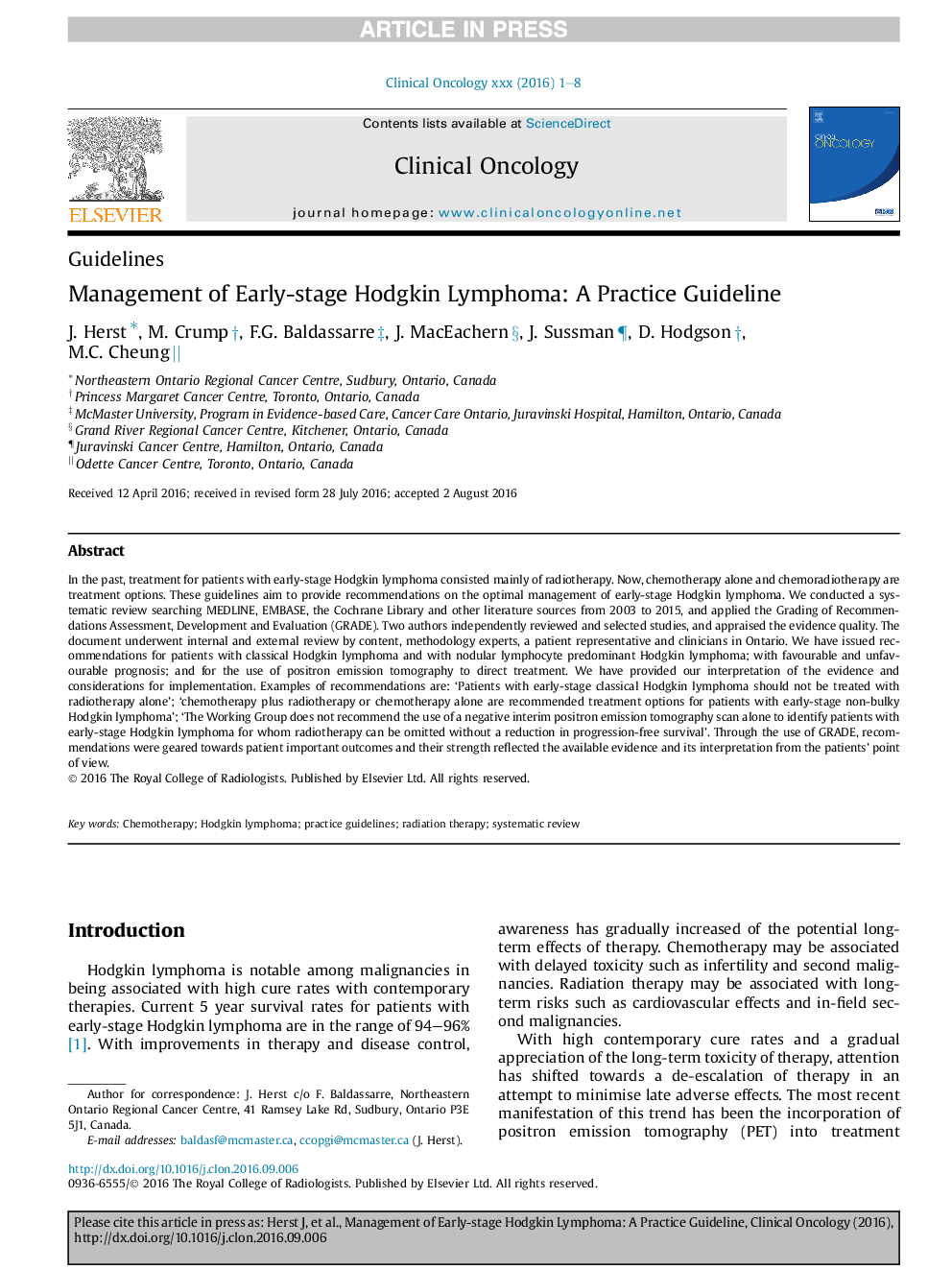 Management of Early-stage Hodgkin Lymphoma: A Practice Guideline