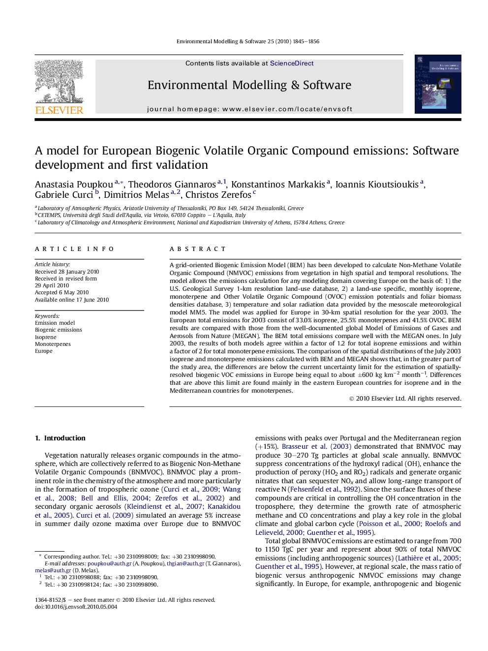 A model for European Biogenic Volatile Organic Compound emissions: Software development and first validation