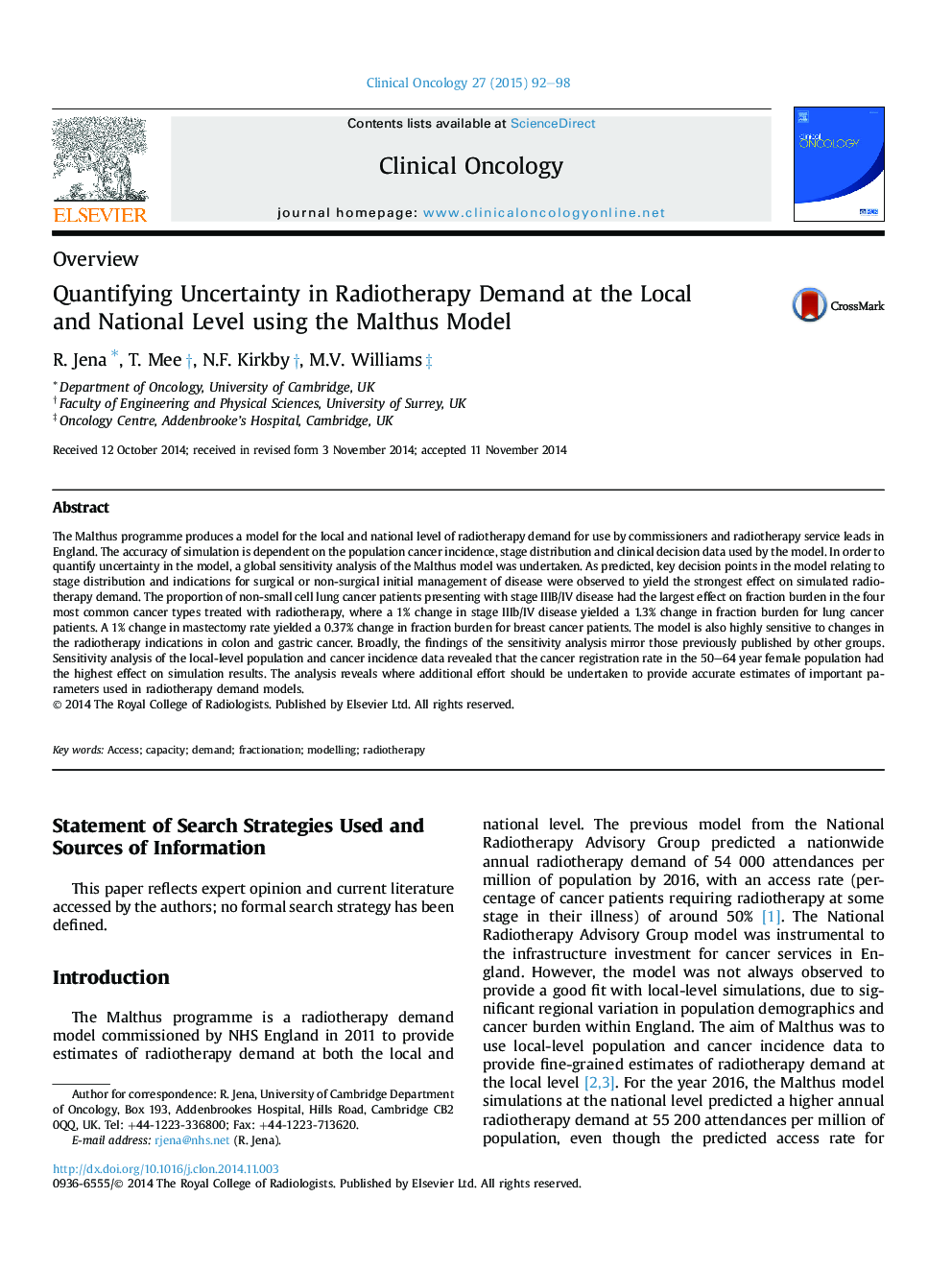 Quantifying Uncertainty in Radiotherapy Demand at the Local and National Level using the Malthus Model