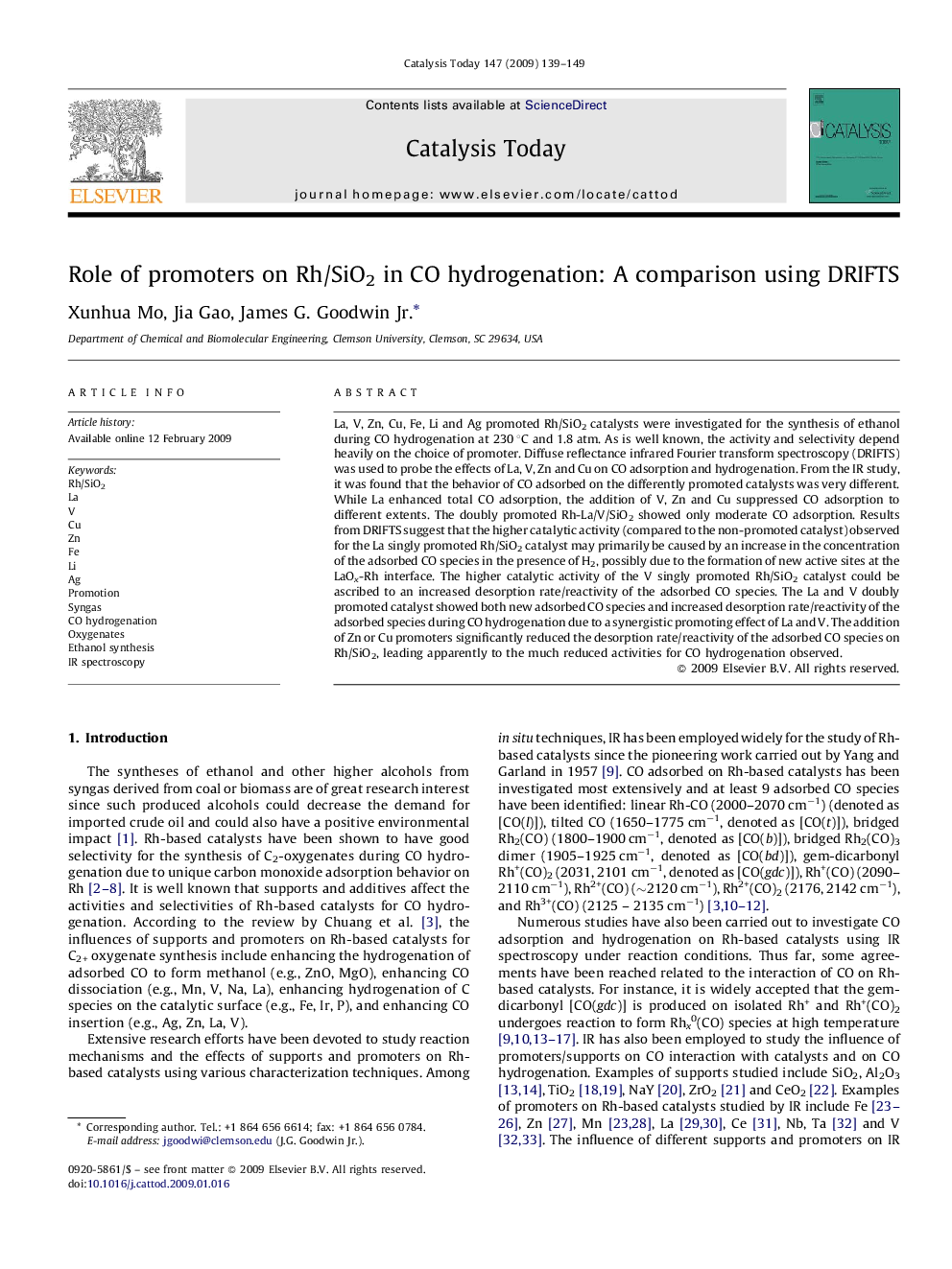 Role of promoters on Rh/SiO2 in CO hydrogenation: A comparison using DRIFTS