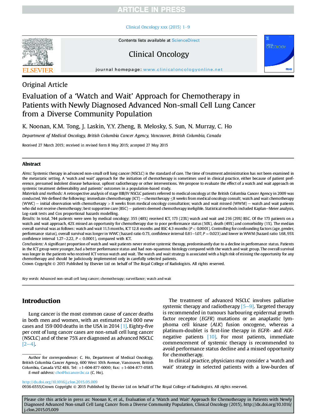 Evaluation of a 'Watch and Wait' Approach for Chemotherapy in Patients with Newly Diagnosed Advanced Non-small Cell Lung Cancer from a Diverse Community Population