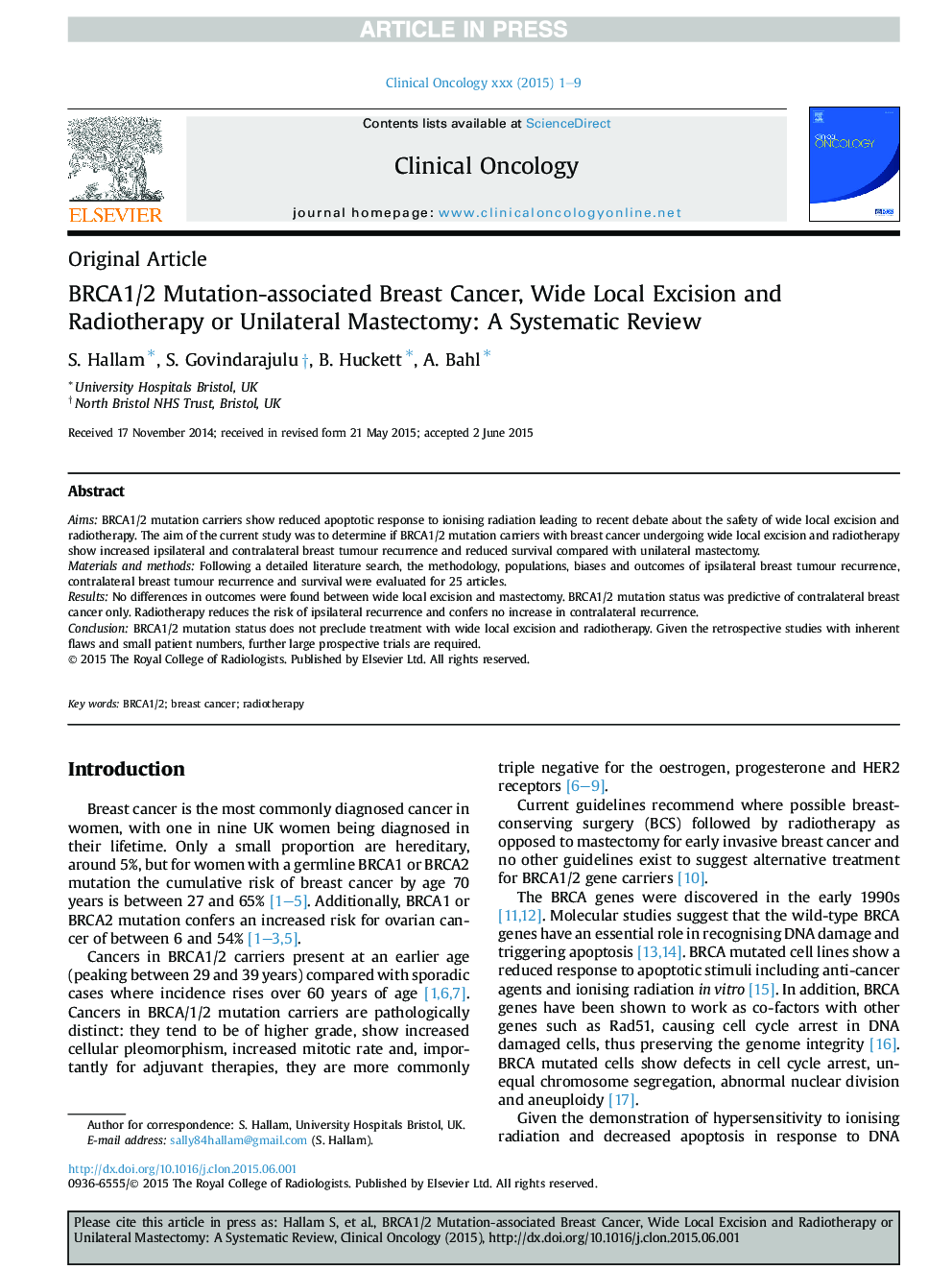 BRCA1/2 Mutation-associated Breast Cancer, Wide Local Excision and Radiotherapy or Unilateral Mastectomy: A Systematic Review