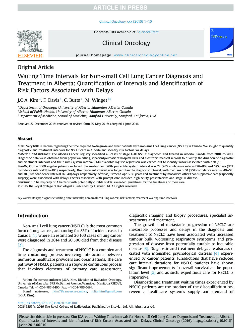 Waiting Time Intervals for Non-small Cell Lung Cancer Diagnosis and Treatment in Alberta: Quantification of Intervals and Identification of Risk Factors Associated with Delays
