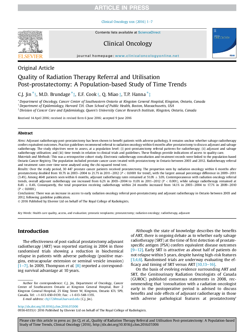 Quality of Radiation Therapy Referral and Utilisation Post-prostatectomy: A Population-based Study of Time Trends