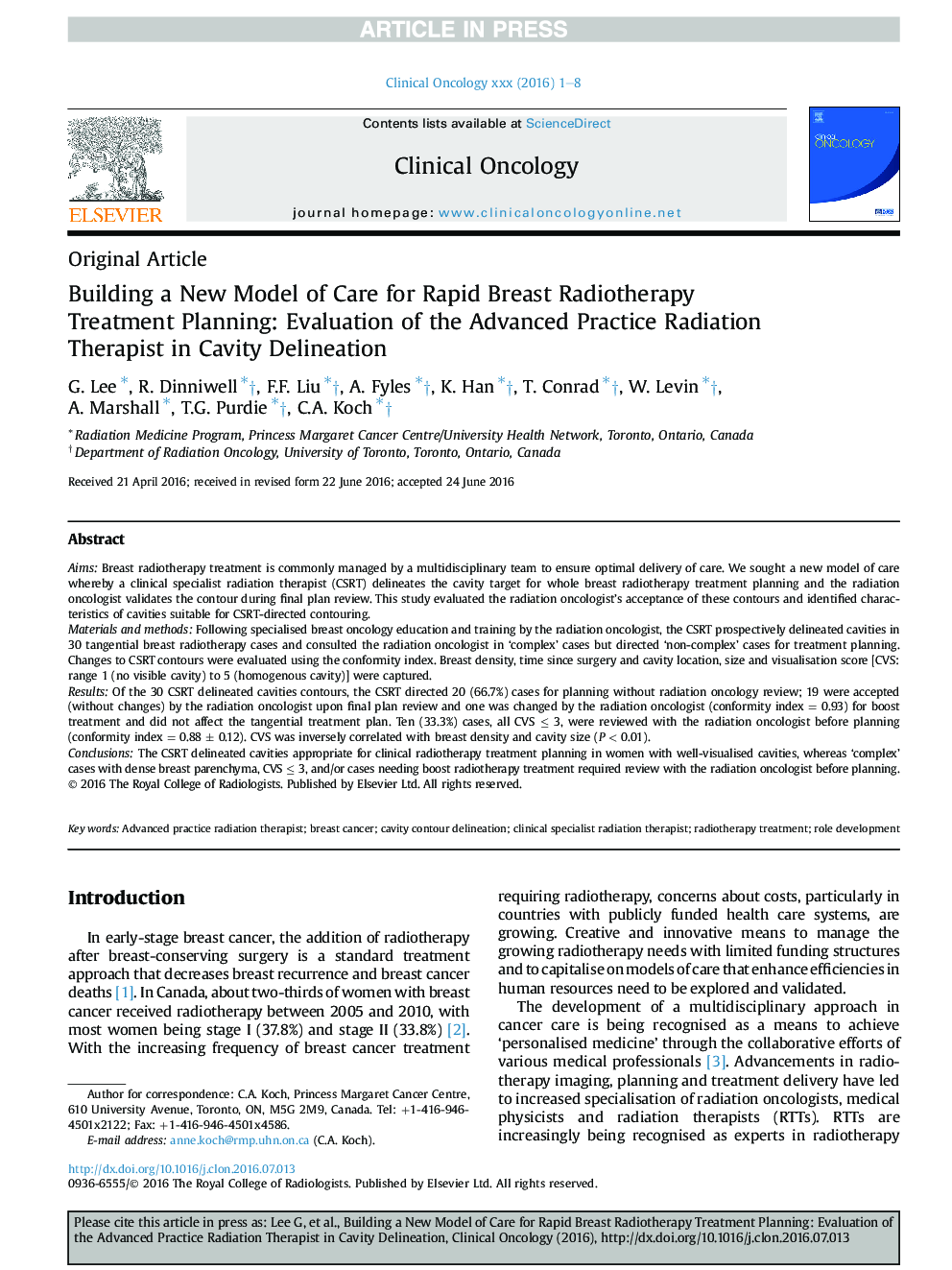 Building a New Model of Care for Rapid Breast Radiotherapy Treatment Planning: Evaluation of the Advanced Practice Radiation Therapist in Cavity Delineation