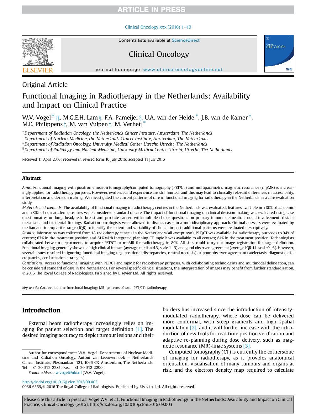 Functional Imaging in Radiotherapy in the Netherlands: Availability and Impact on Clinical Practice