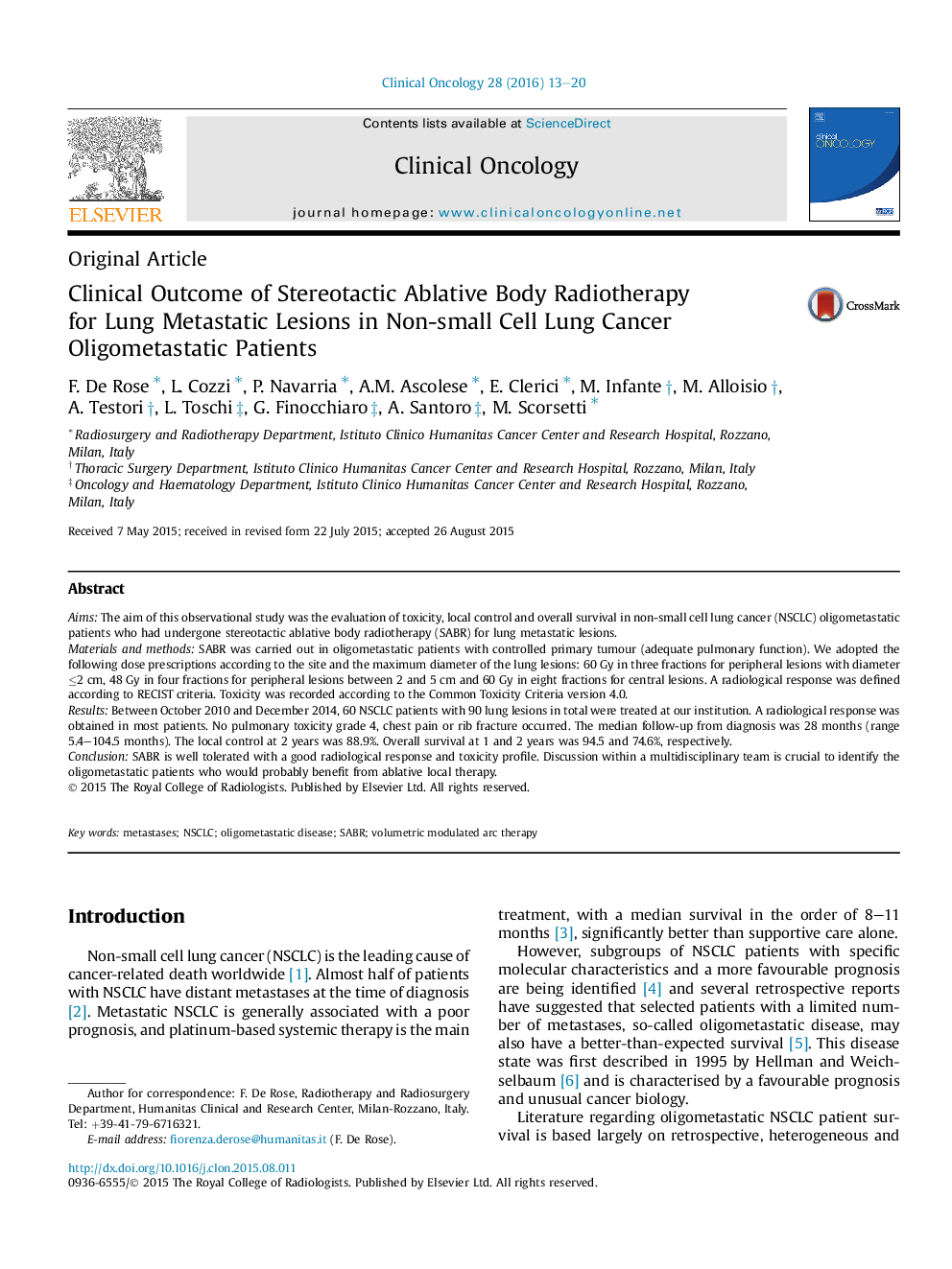 Clinical Outcome of Stereotactic Ablative Body Radiotherapy for Lung Metastatic Lesions in Non-small Cell Lung Cancer Oligometastatic Patients