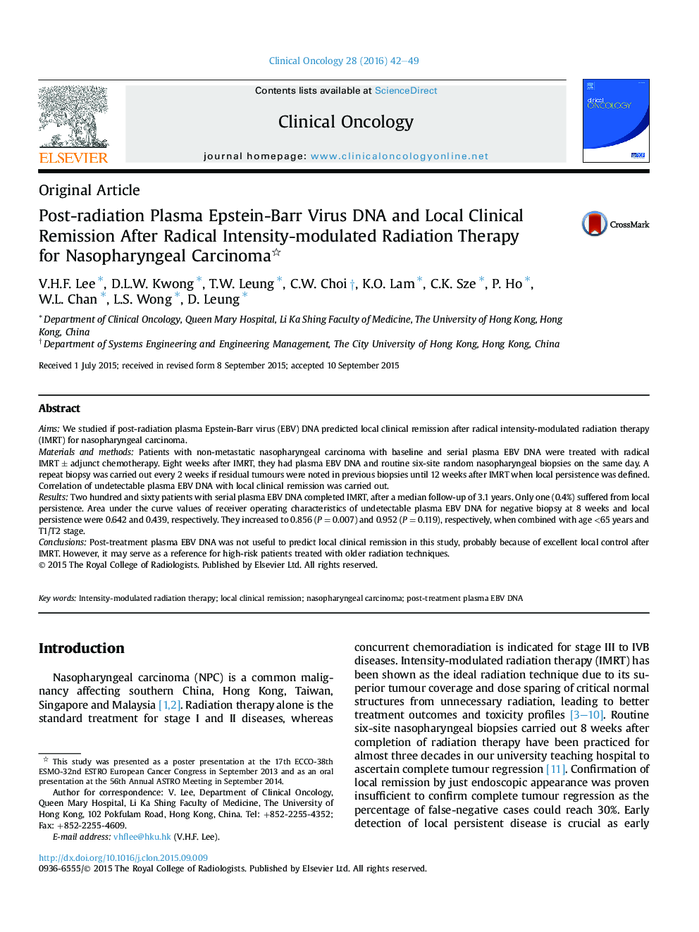 Post-radiation Plasma Epstein-Barr Virus DNA and Local Clinical Remission After Radical Intensity-modulated Radiation Therapy forÂ Nasopharyngeal Carcinoma