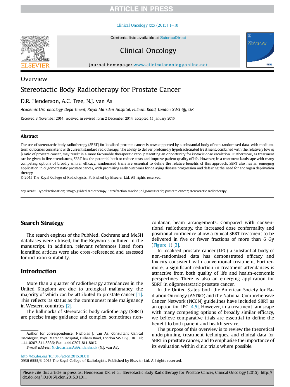 Stereotactic Body Radiotherapy for Prostate Cancer