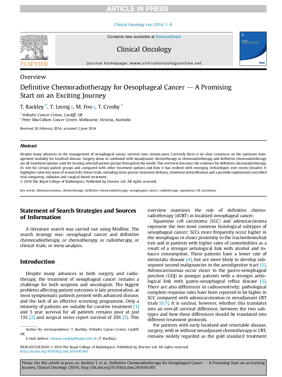 Definitive Chemoradiotherapy for Oesophageal Cancer - A Promising Start on an Exciting Journey