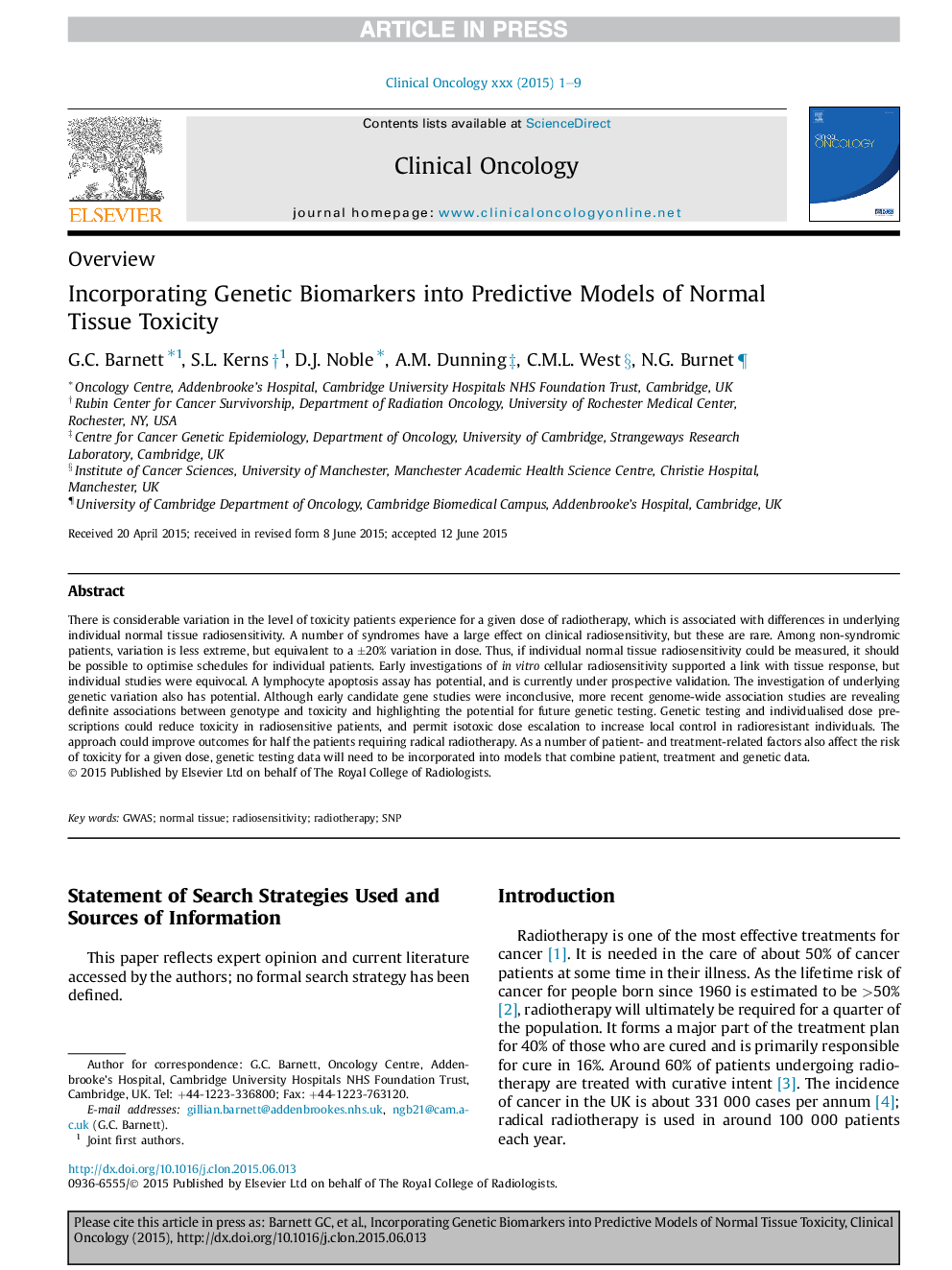 Incorporating Genetic Biomarkers into Predictive Models of Normal Tissue Toxicity