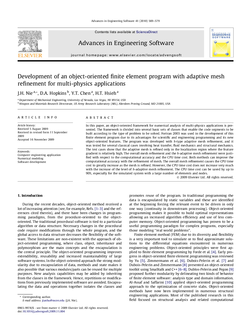 Development of an object-oriented finite element program with adaptive mesh refinement for multi-physics applications