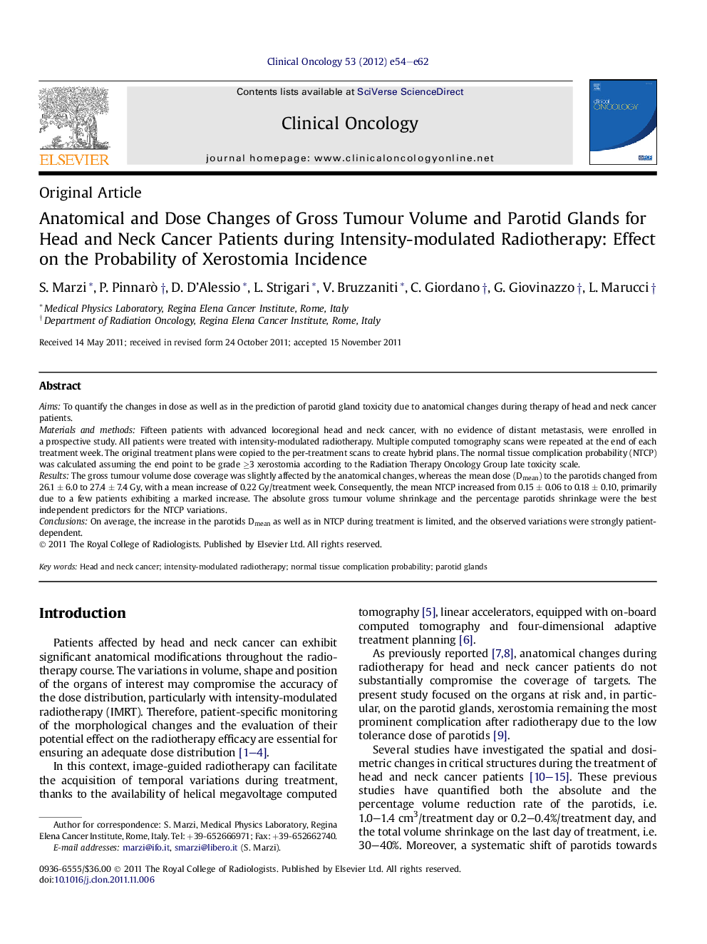 Anatomical and Dose Changes of Gross Tumour Volume and Parotid Glands for Head and Neck Cancer Patients during Intensity-modulated Radiotherapy: Effect on the Probability of Xerostomia Incidence