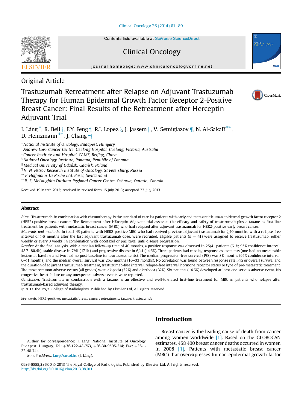 Trastuzumab Retreatment after Relapse on Adjuvant Trastuzumab Therapy for Human Epidermal Growth Factor Receptor 2-Positive Breast Cancer: Final Results of the Retreatment after Herceptin Adjuvant Trial