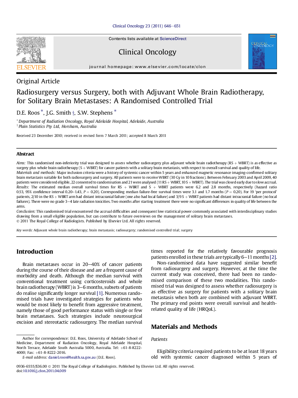 Radiosurgery versus Surgery, both with Adjuvant Whole Brain Radiotherapy, for Solitary Brain Metastases: A Randomised Controlled Trial