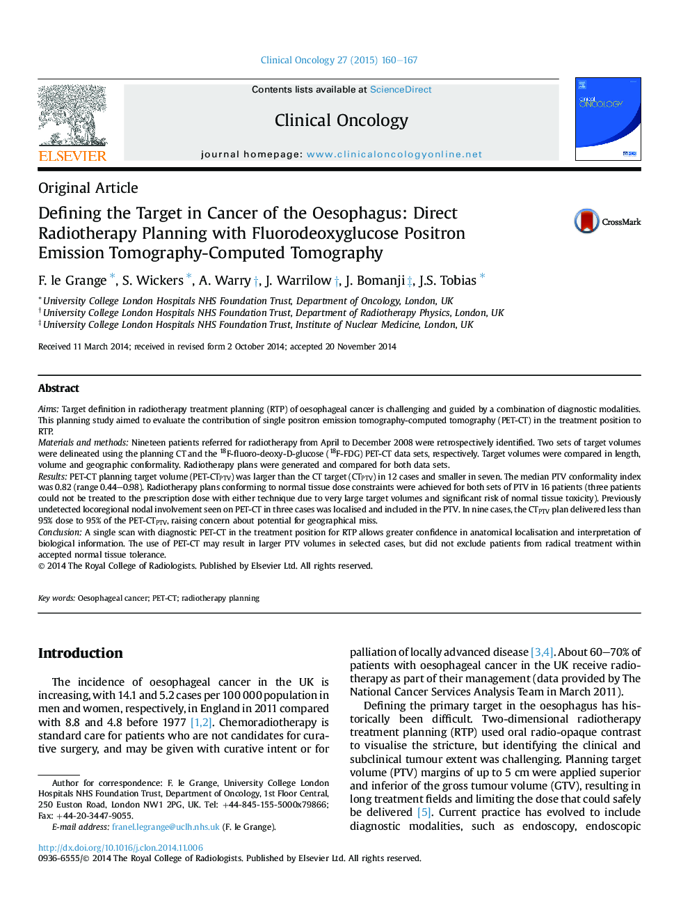 Defining the Target in Cancer of the Oesophagus: Direct Radiotherapy Planning with Fluorodeoxyglucose Positron Emission Tomography-Computed Tomography