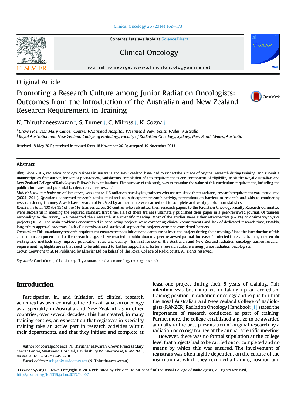 Promoting a Research Culture among Junior Radiation Oncologists: Outcomes from the Introduction of the Australian and New Zealand Research Requirement in Training