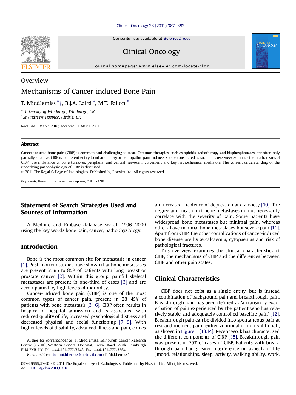 Mechanisms of Cancer-induced Bone Pain