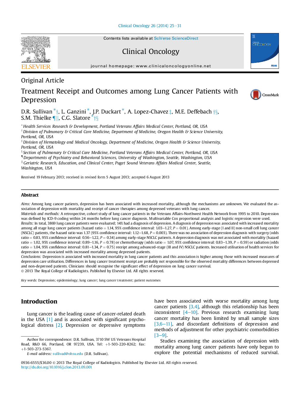 Treatment Receipt and Outcomes among Lung Cancer Patients with Depression