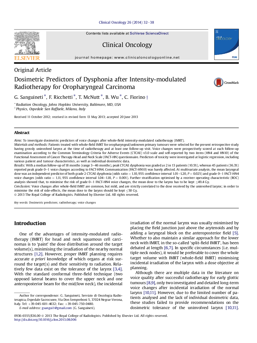 Dosimetric Predictors of Dysphonia after Intensity-modulated Radiotherapy for Oropharyngeal Carcinoma