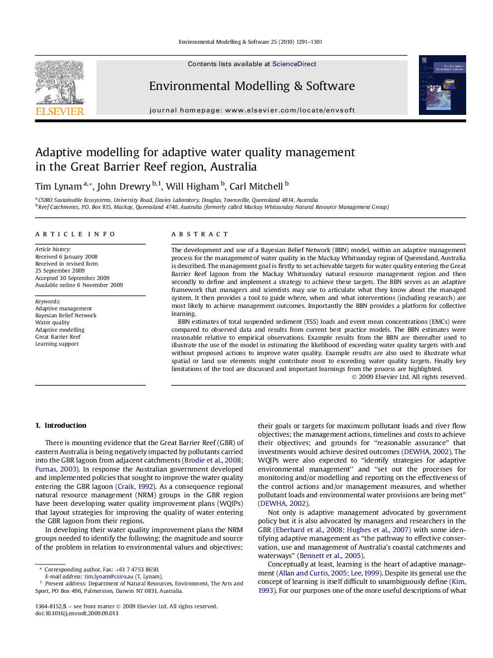 Adaptive modelling for adaptive water quality management in the Great Barrier Reef region, Australia