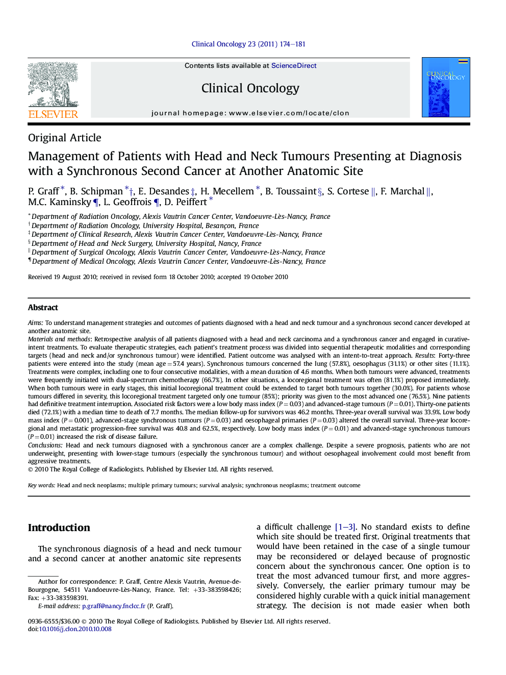 Management of Patients with Head and Neck Tumours Presenting at Diagnosis with a Synchronous Second Cancer at Another Anatomic Site