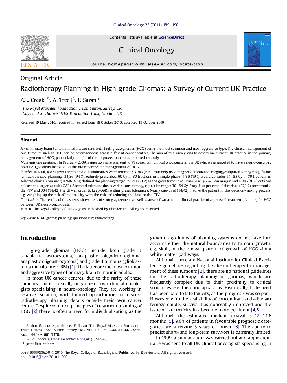 Radiotherapy Planning in High-grade Gliomas: a Survey of Current UK Practice