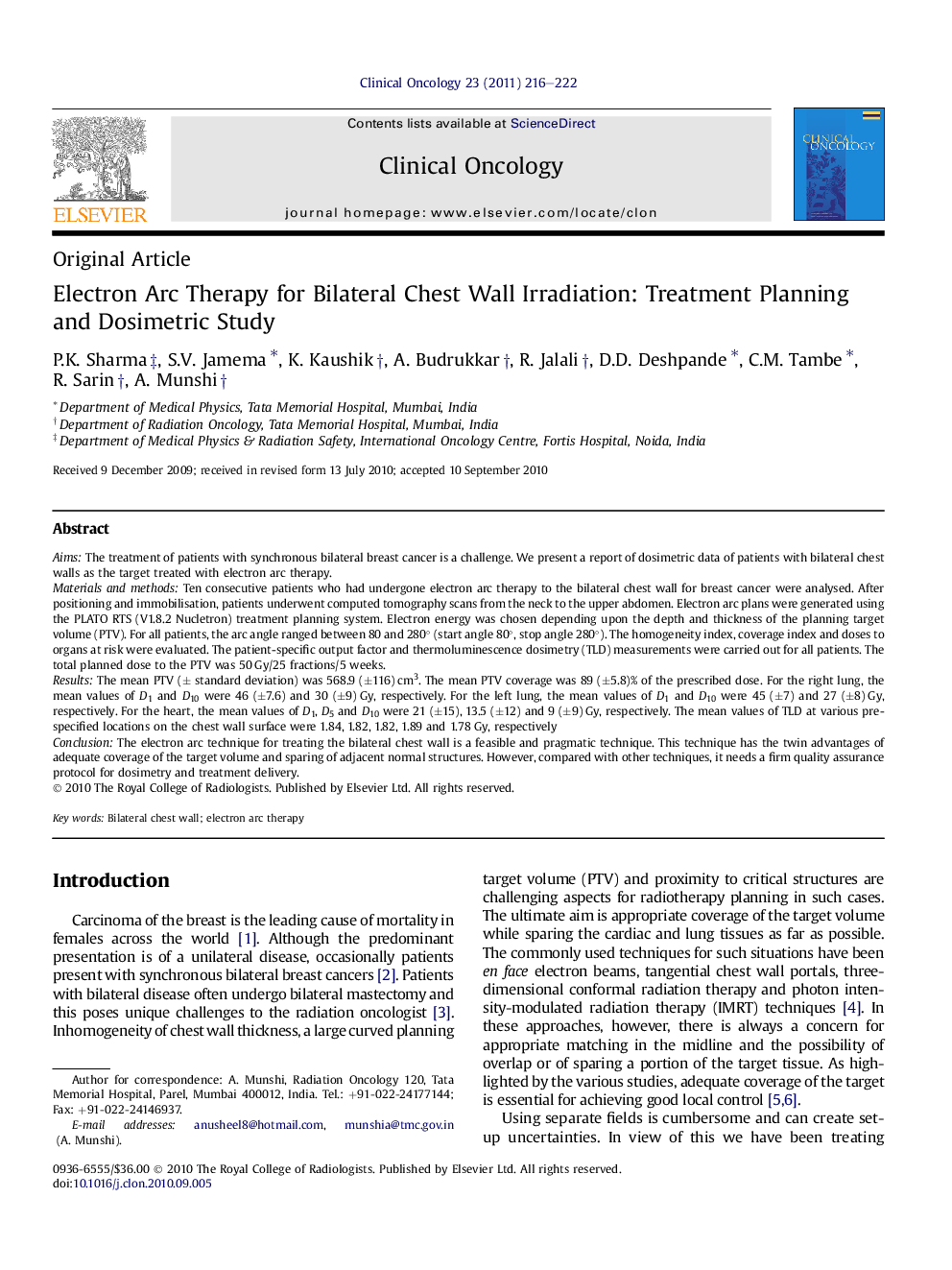 Electron Arc Therapy for Bilateral Chest Wall Irradiation: Treatment Planning and Dosimetric Study