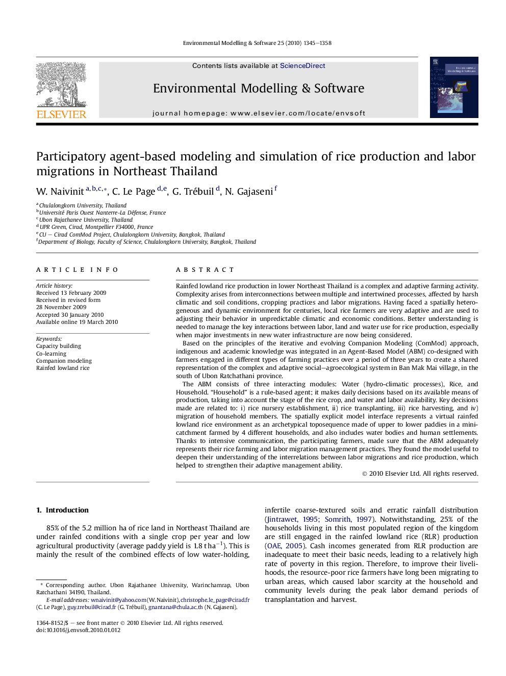 Participatory agent-based modeling and simulation of rice production and labor migrations in Northeast Thailand