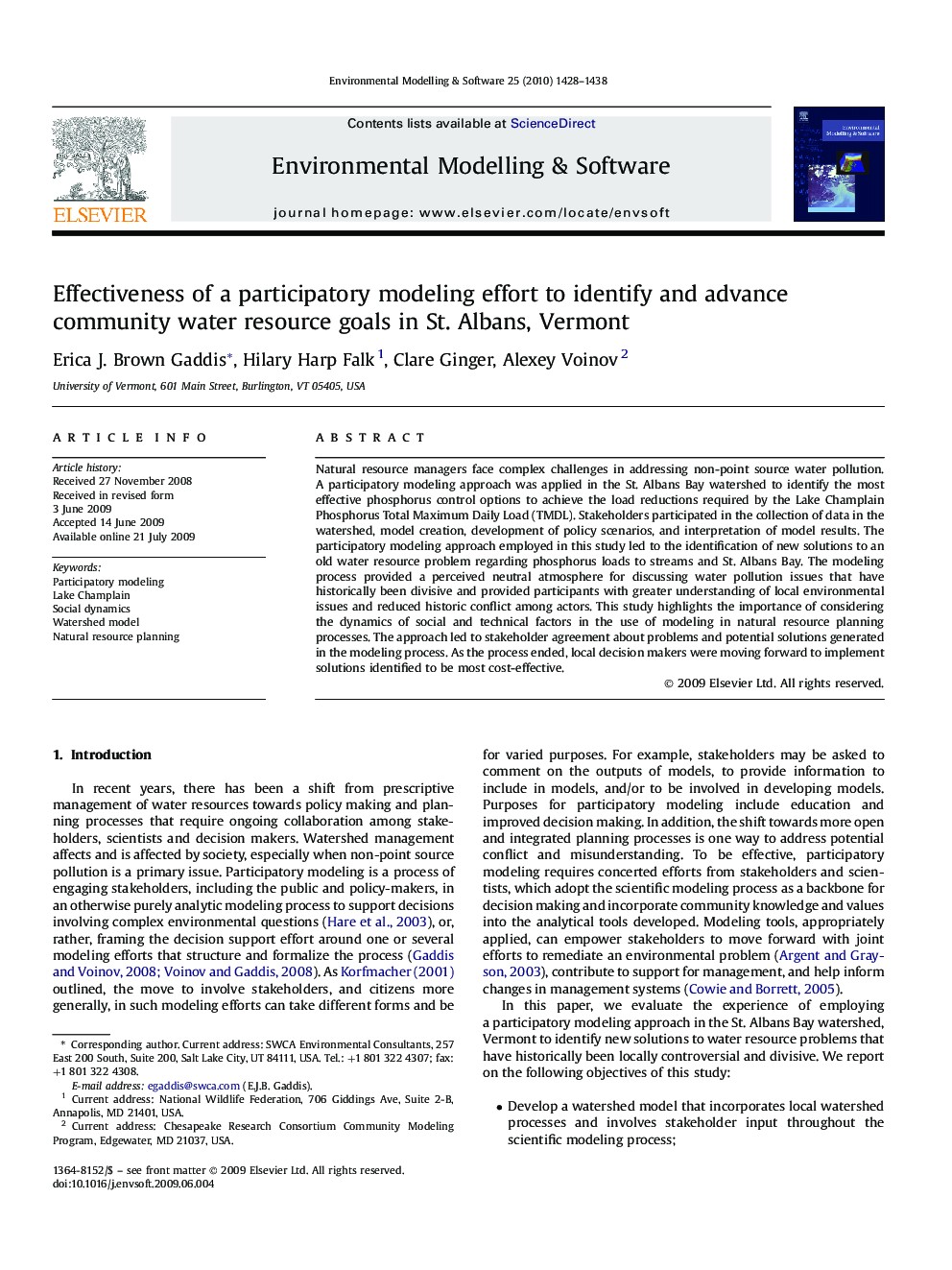 Effectiveness of a participatory modeling effort to identify and advance community water resource goals in St. Albans, Vermont