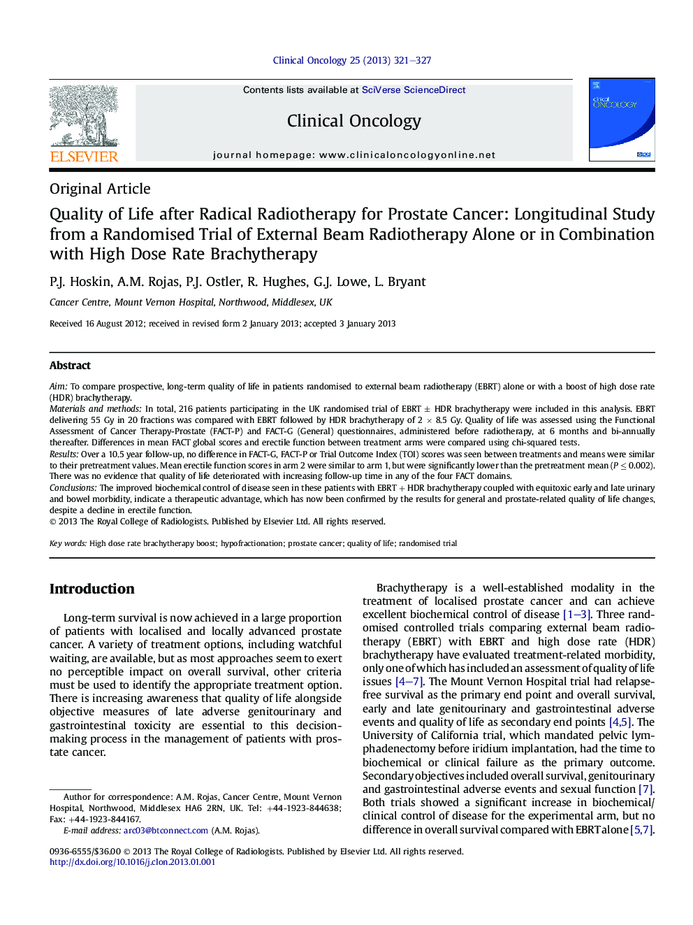 Quality of Life after Radical Radiotherapy for Prostate Cancer: Longitudinal Study from a Randomised Trial of External Beam Radiotherapy Alone or in Combination with High Dose Rate Brachytherapy