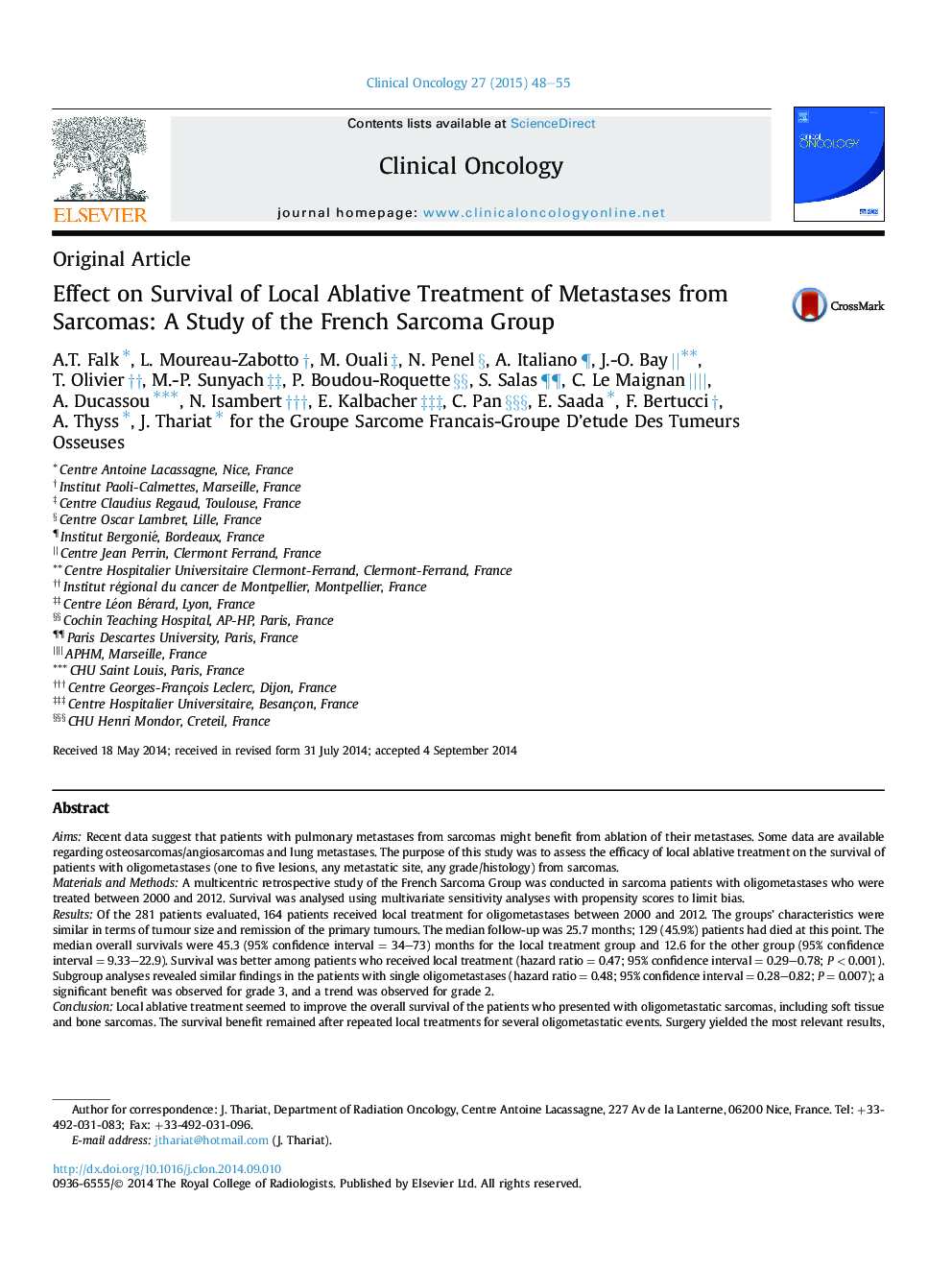 Effect on Survival of Local Ablative Treatment of Metastases from Sarcomas: A Study of the French Sarcoma Group