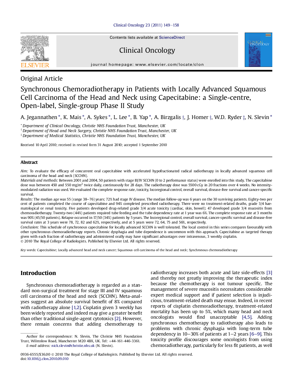 Synchronous Chemoradiotherapy in Patients with Locally Advanced Squamous Cell Carcinoma of the Head and Neck using Capecitabine: a Single-centre, Open-label, Single-group Phase II Study