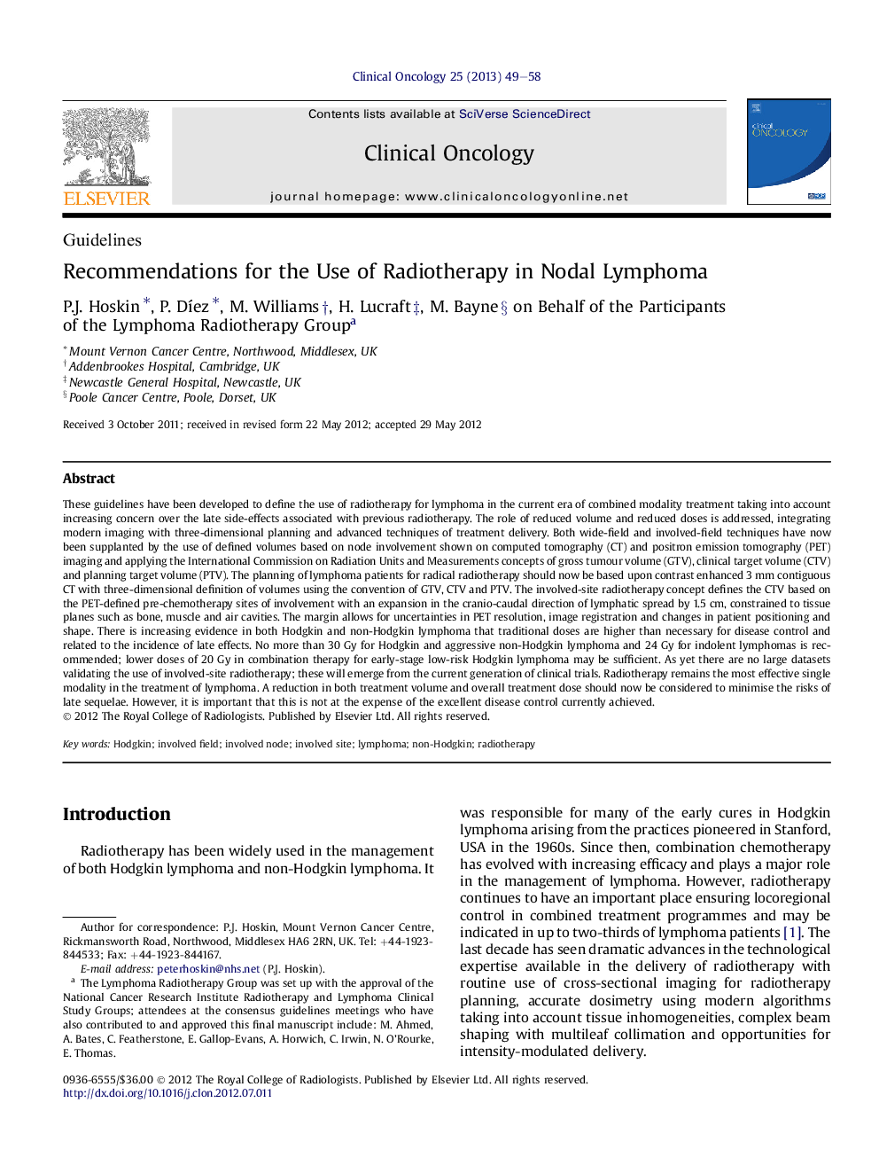 Recommendations for the Use of Radiotherapy in Nodal Lymphoma