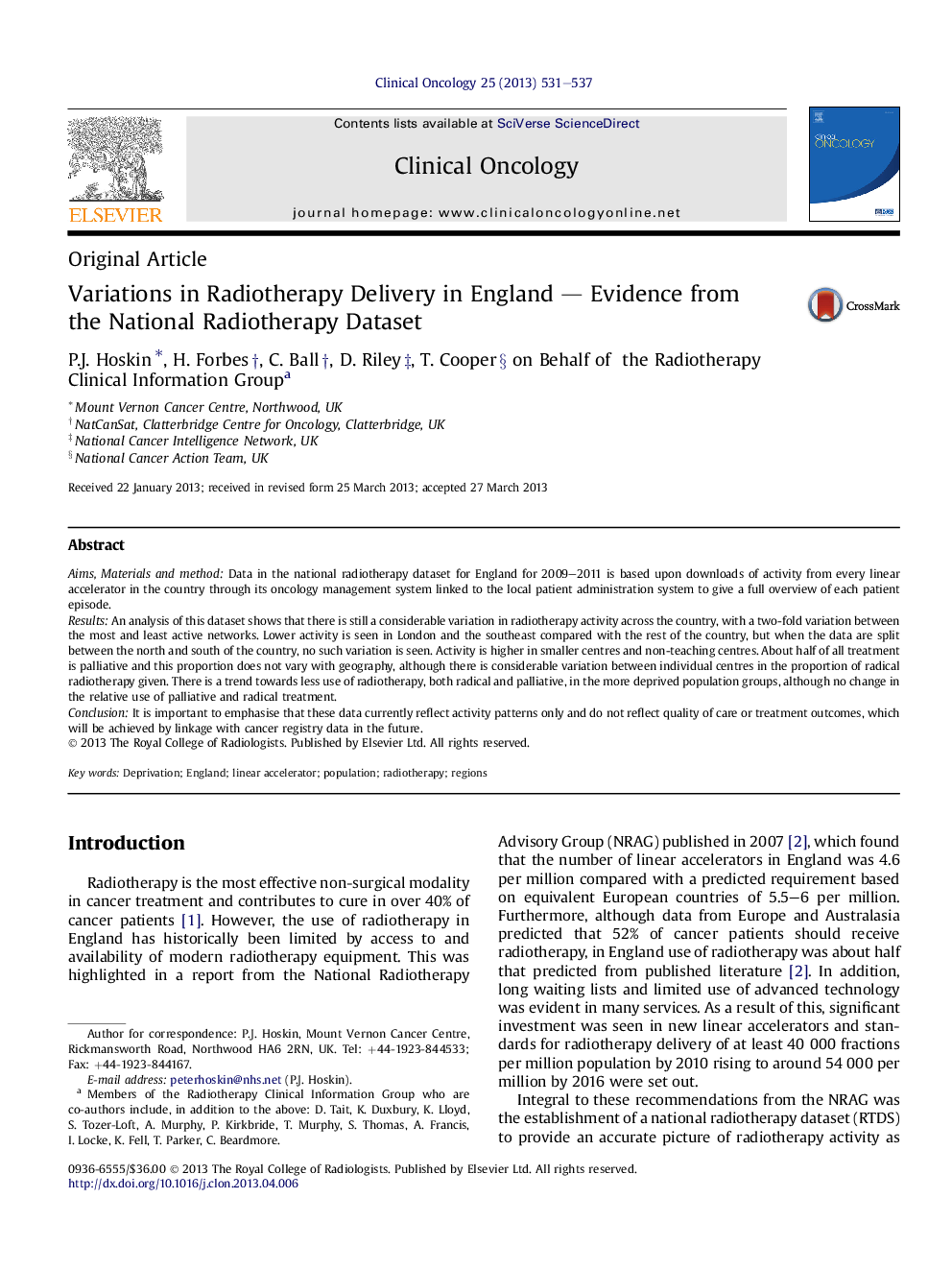 Variations in Radiotherapy Delivery in England - Evidence from the National Radiotherapy Dataset