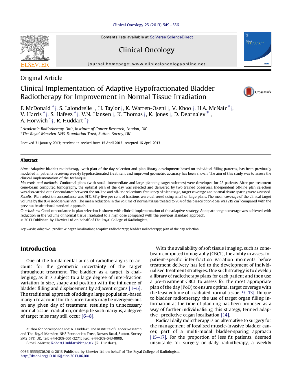 Clinical Implementation of Adaptive Hypofractionated Bladder Radiotherapy for Improvement in Normal Tissue Irradiation