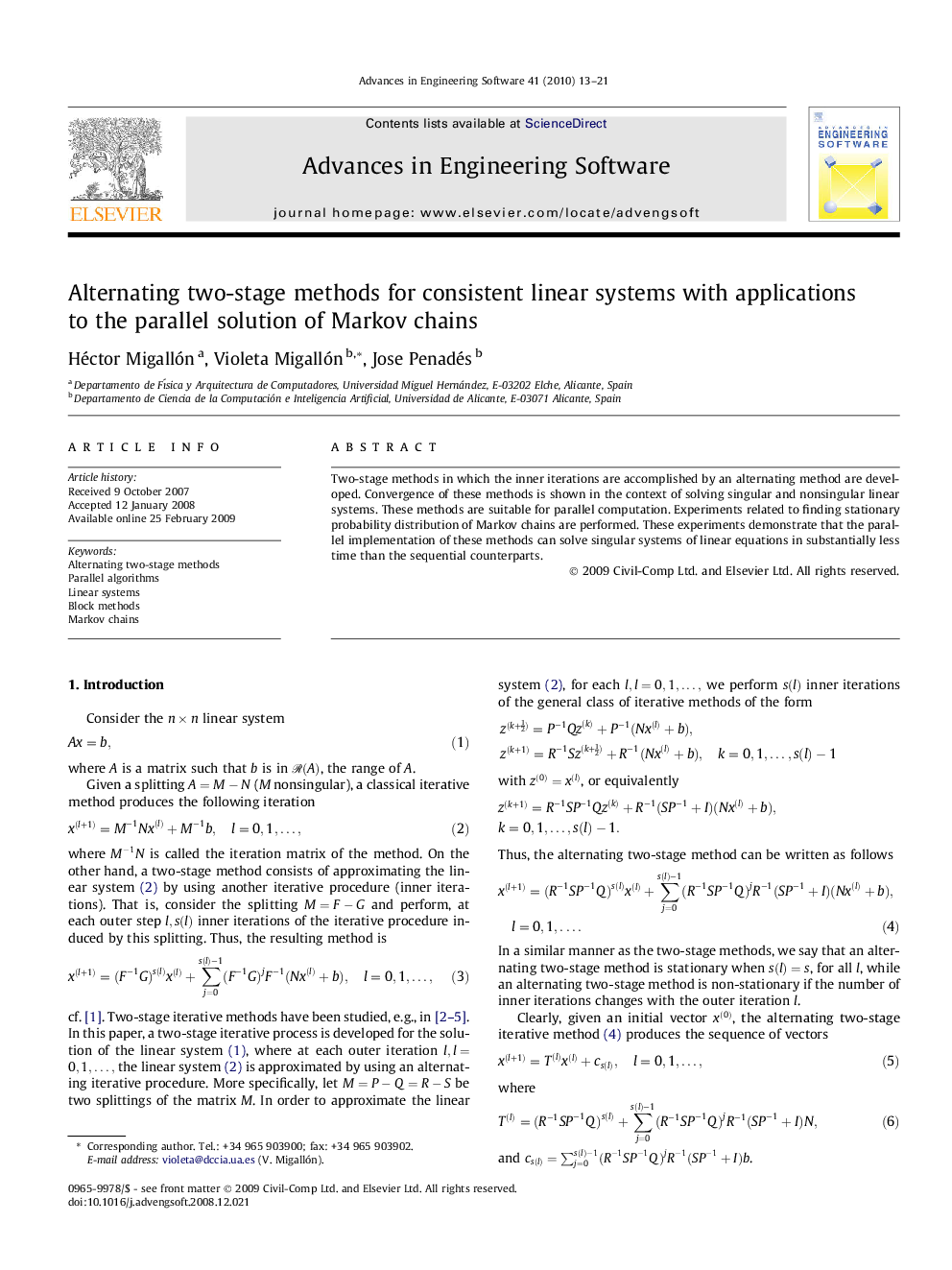 Alternating two-stage methods for consistent linear systems with applications to the parallel solution of Markov chains