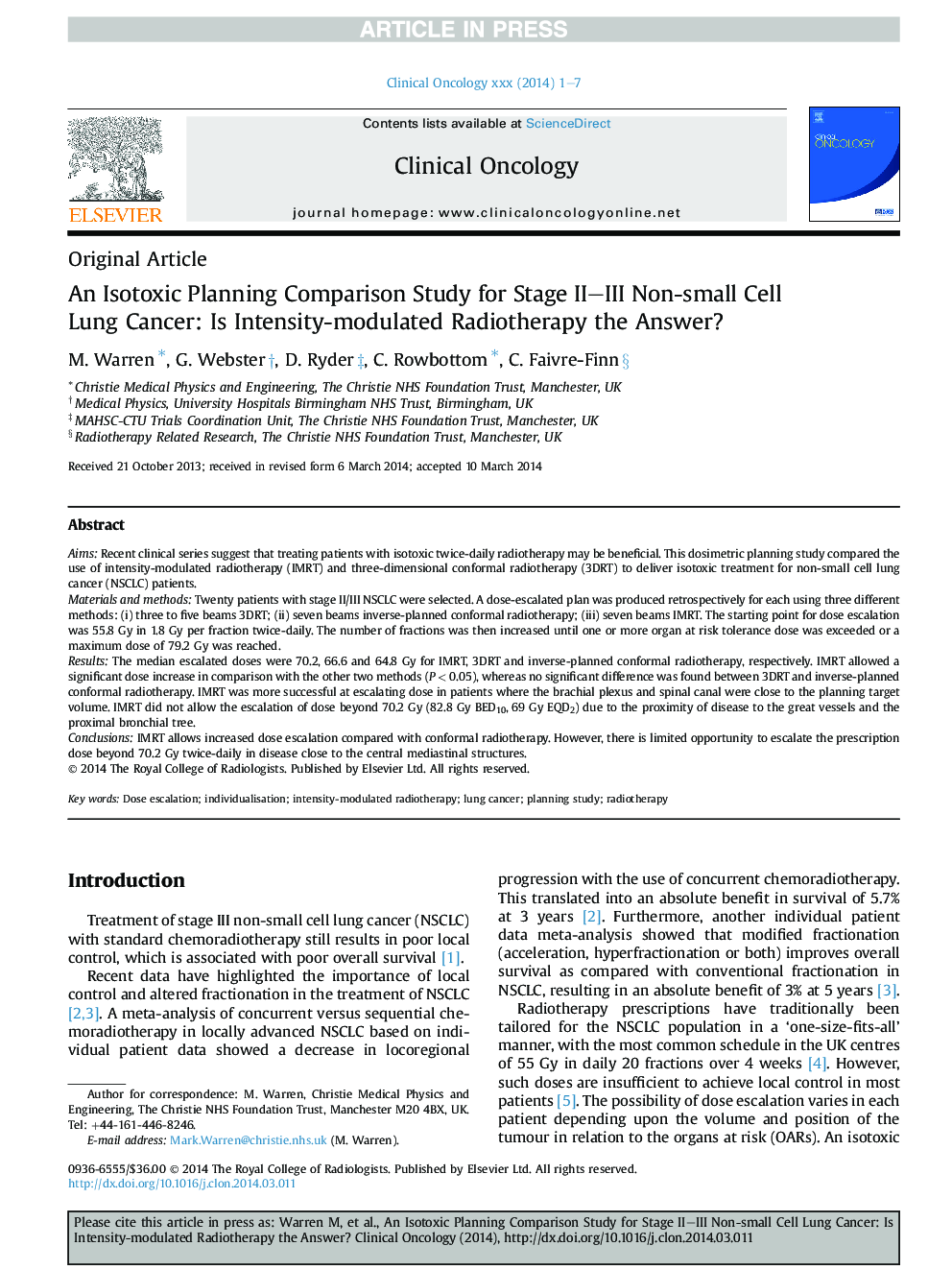 An Isotoxic Planning Comparison Study for Stage II-III Non-small Cell Lung Cancer: Is Intensity-modulated Radiotherapy the Answer?