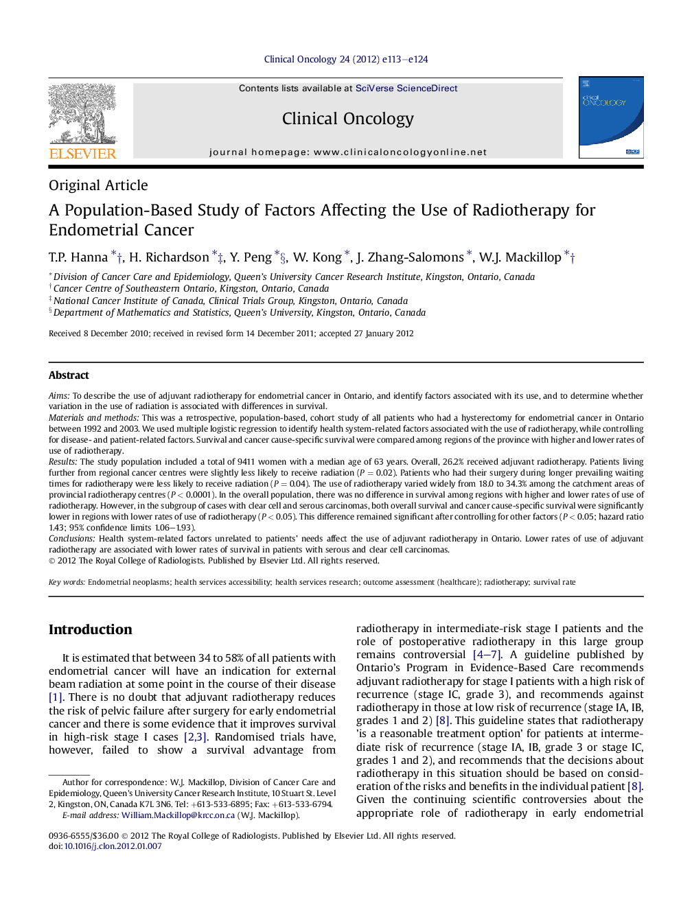 A Population-Based Study of Factors Affecting the Use of Radiotherapy for Endometrial Cancer