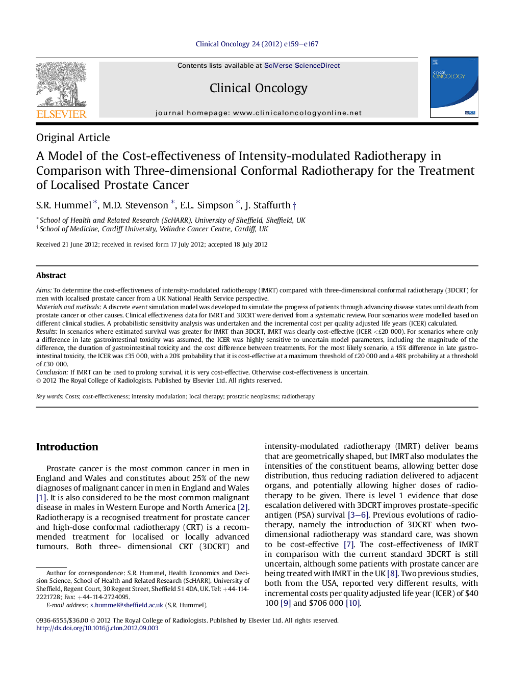 A Model of the Cost-effectiveness of Intensity-modulated Radiotherapy in Comparison with Three-dimensional Conformal Radiotherapy for the Treatment of Localised Prostate Cancer